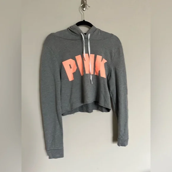 PINK Victoria’s Secret Cropped Hoodie Gray Neon Logo Size S - Picture 6 of 9